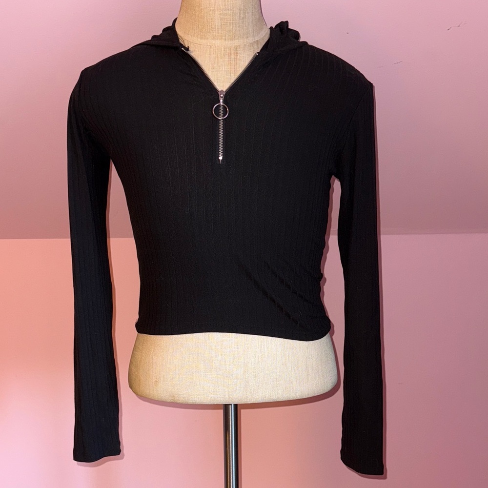 Black Ribbed Long Sleeve Crop Hoodie Top